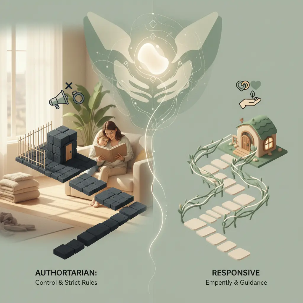 Jämförande infografik mellan auktoritär och lyhörd föräldrastil.